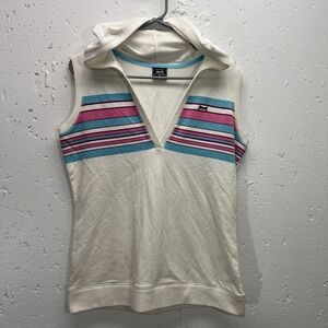 VTG Le Tigre Women's XL‎ Hooded Sleeveless Striped Top V-Neck Y2K